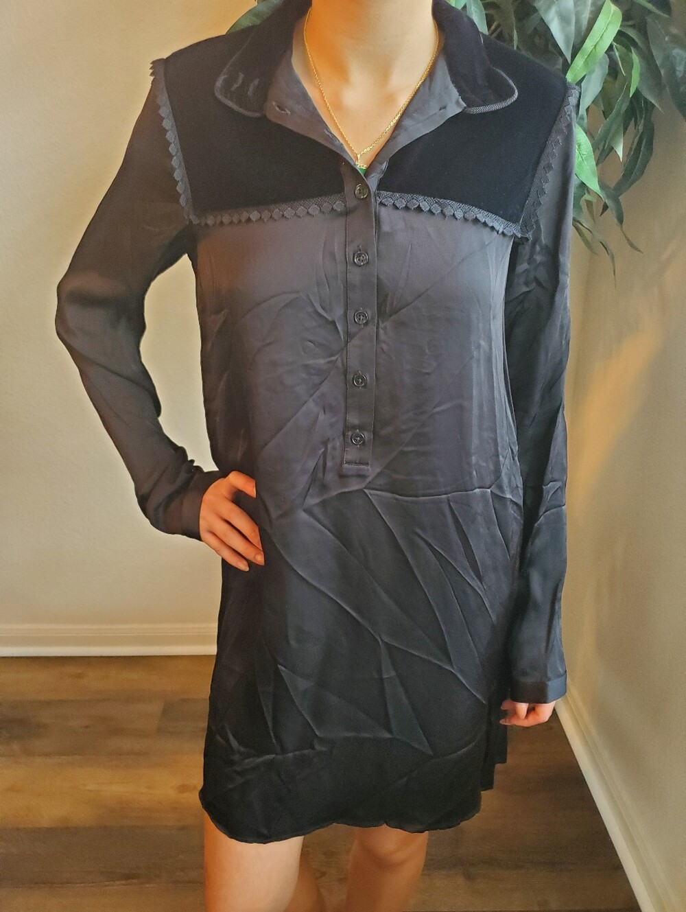 The Kooples Black Button-Front Long Sleeve Tunic Dress